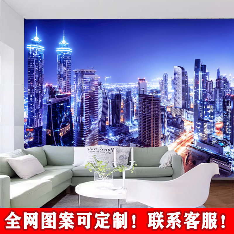迪拜夜景背景墙装饰画高楼大厦建筑电视壁纸现代沙发卧室影视墙布图片