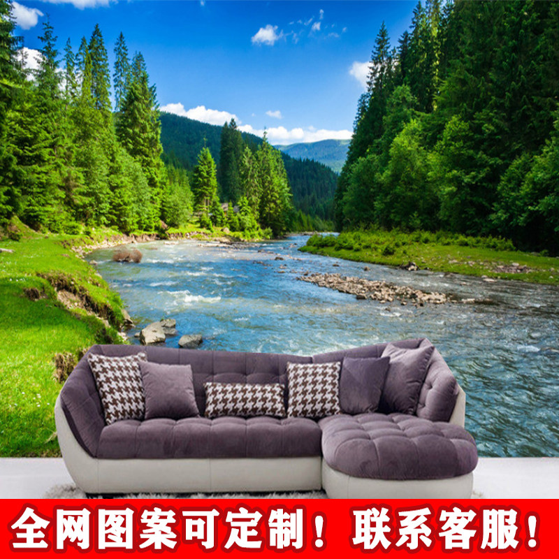 松树林小溪绿色风光壁画大自然树林蓝天背景墙纸客厅沙发装饰画布