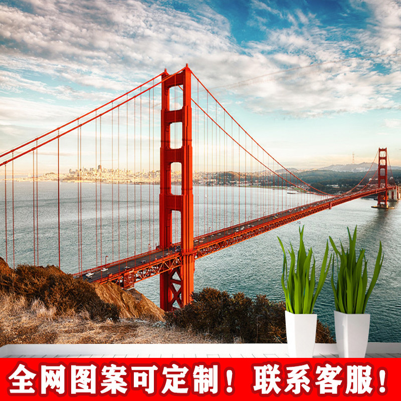 简约铁索桥梁电视背景墙卧室客厅3d立体壁纸现代时尚红色大桥壁画