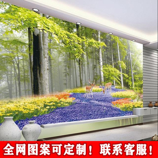 树林麋鹿梅花鹿风景壁画大自然绿树公园装饰画壁纸客厅沙发背景墙