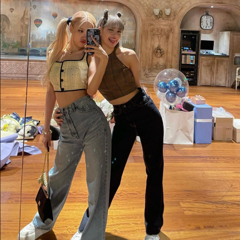 blackpink rose朴彩英lisa同款高腰直筒阔腿牛仔裤休闲舞蹈长裤子