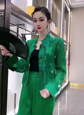 新中式盘扣国风防晒衣2024新款夏绿色蕾丝提花衬衣中国风潮上衣