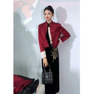 新款 裙2025春秋季 醋酸缎外套丝绒连衣裙两件套 国风套装 新中式