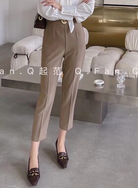 腰头装饰侧边拉链纯色ol风九分裤