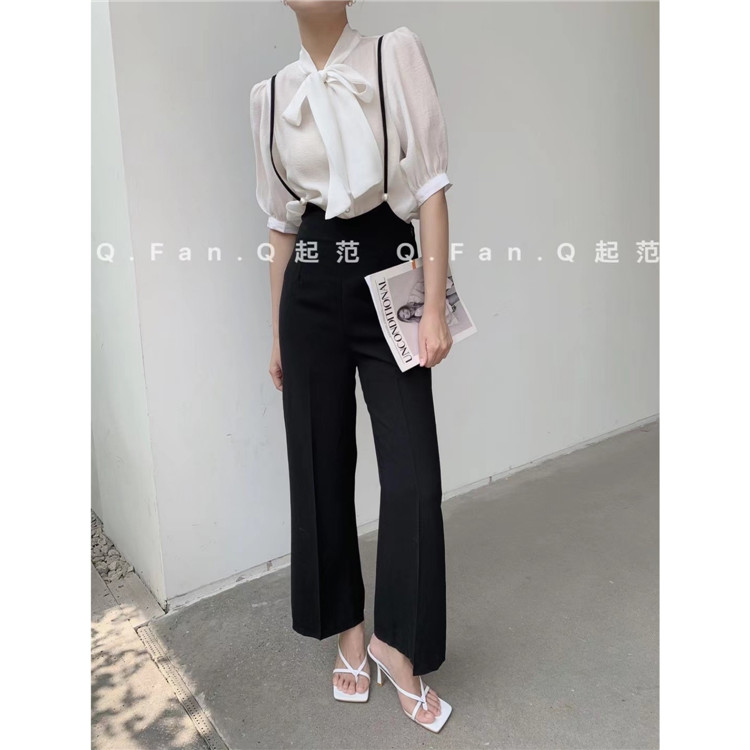 时尚减龄细吊带裤女2025夏季新款chic修身显瘦宽松直筒背带九分裤