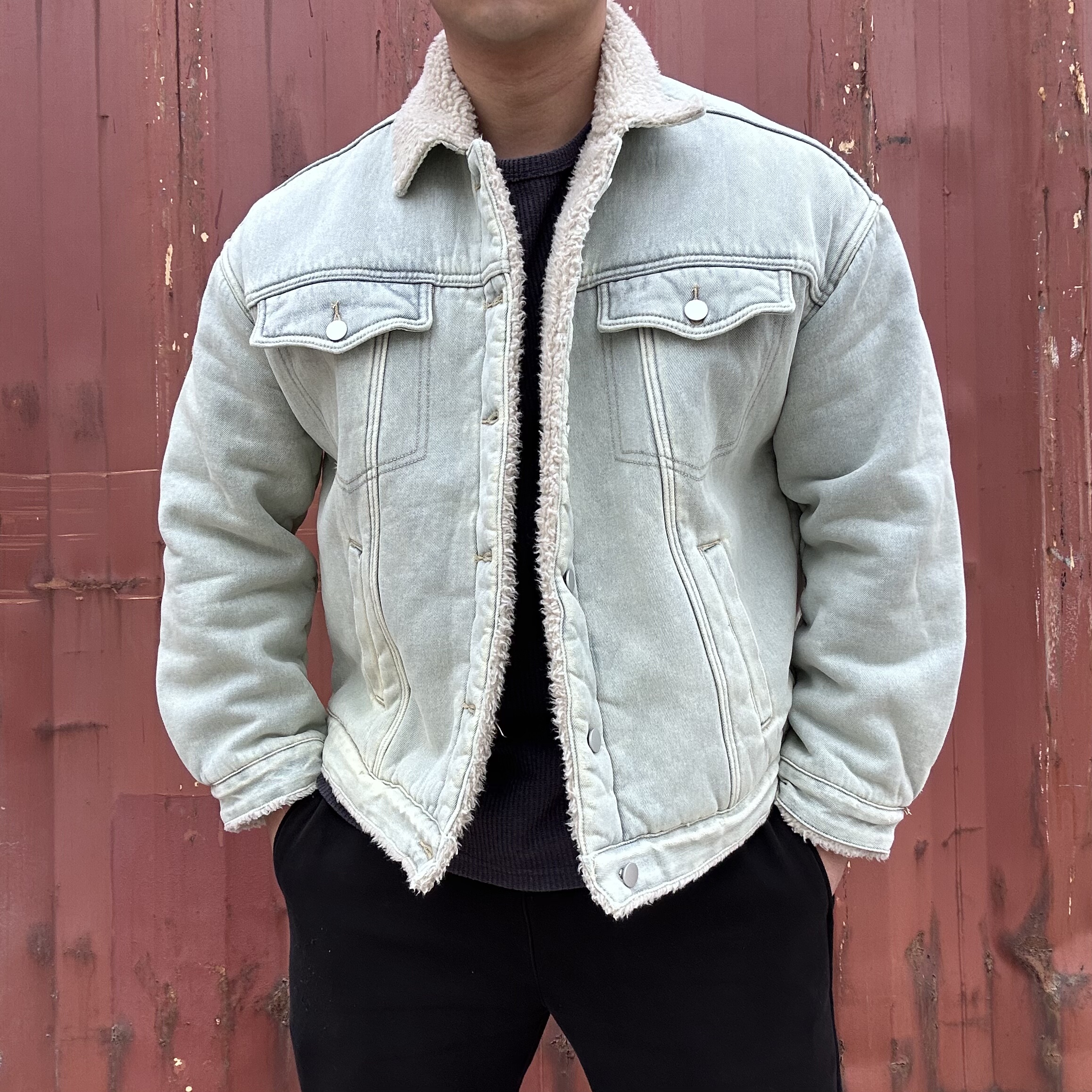 美式复古牛仔拼接羊羔绒夹克外套男士宽松加绒休闲工装夹克棉服
