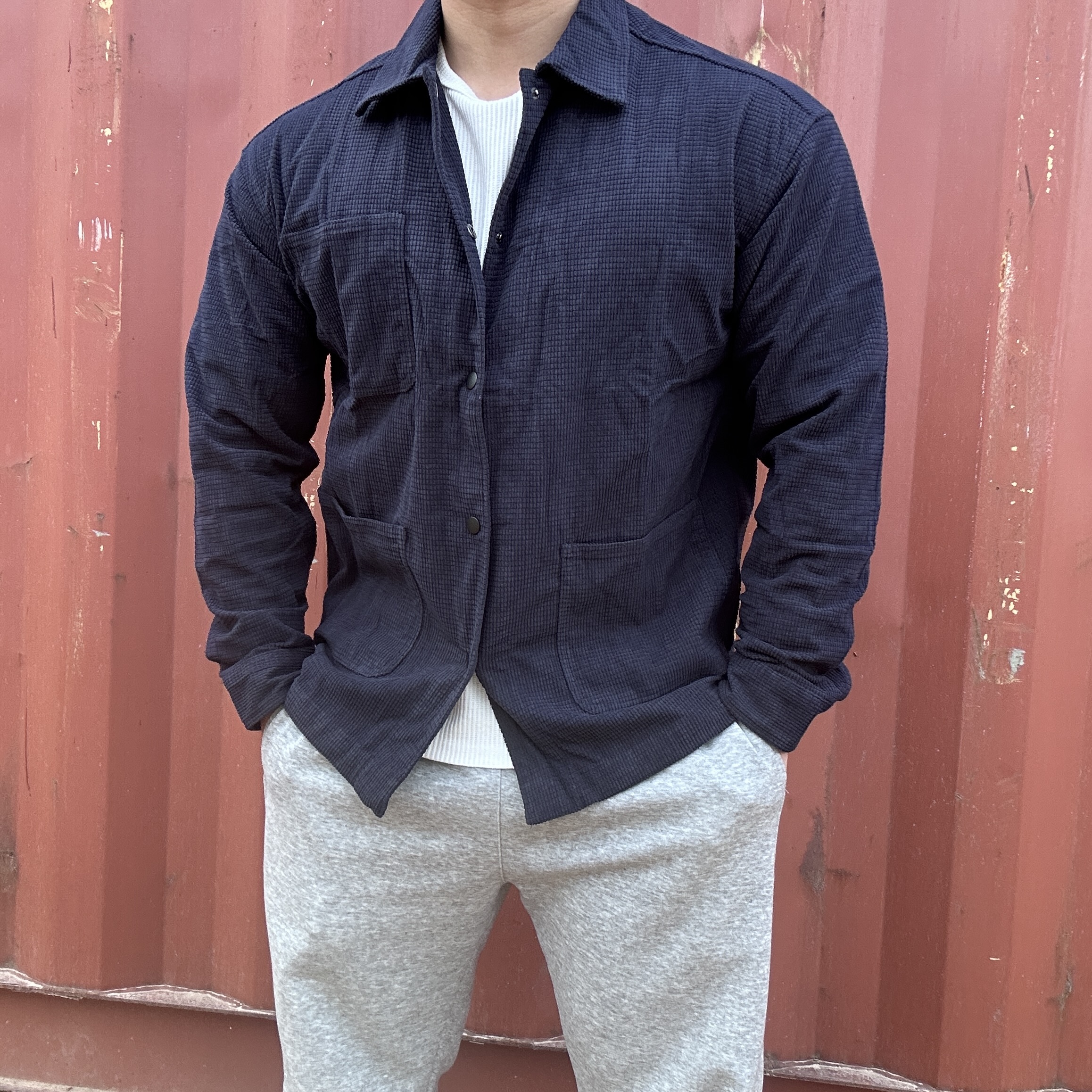 新款宽松华夫格衬衫男长袖春秋季灯芯绒潮流休闲衬衣秋款高端外套