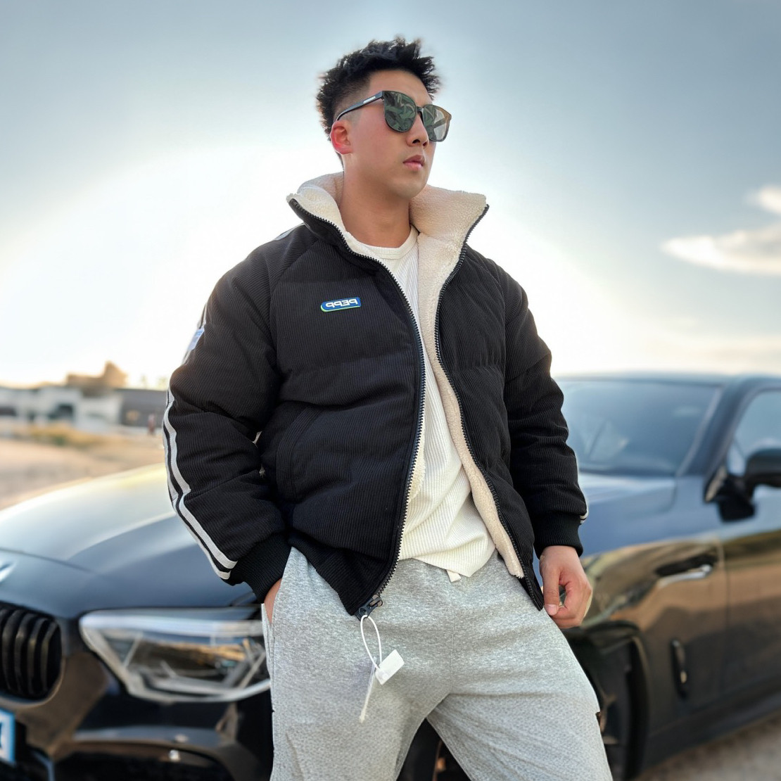 灯芯绒羽绒服男士冬季韩版复古羊羔绒加厚保暖短款白鸭绒情侣外套