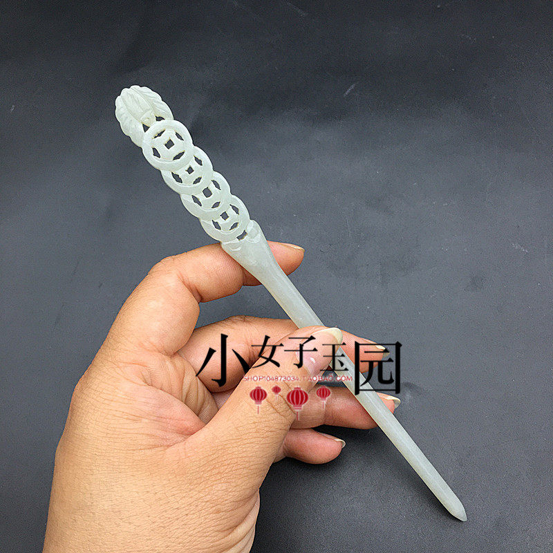 和田玉蝙蝠铜钱复古发簪玉簪