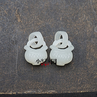 和田玉耳环配件青白玉花篮耳坠耳饰品配件手工雕刻平安花篮耳坠