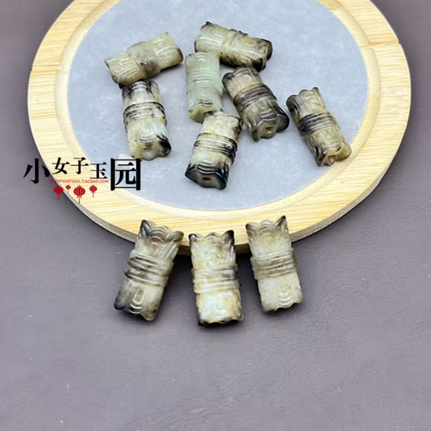 青白玉莲花云纹玉勒子玉佩挂饰仿古通孔项链吊饰配件DIY 手工挂饰