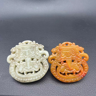 岫玉仿古做旧螭龙吊坠挂件双面镂空雕刻玉佩玉坠苍龙教子汉服腰佩