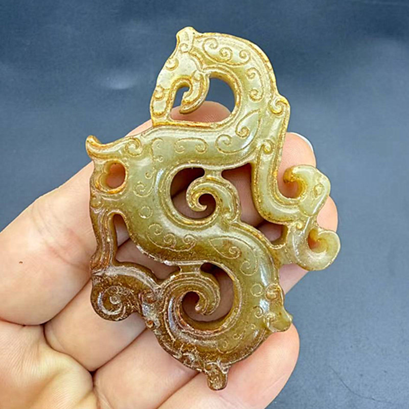 古玩玉器龙凤吊坠挂件复古战汉仿老玉龙凤玉佩玉坠项链坠挂饰腰佩