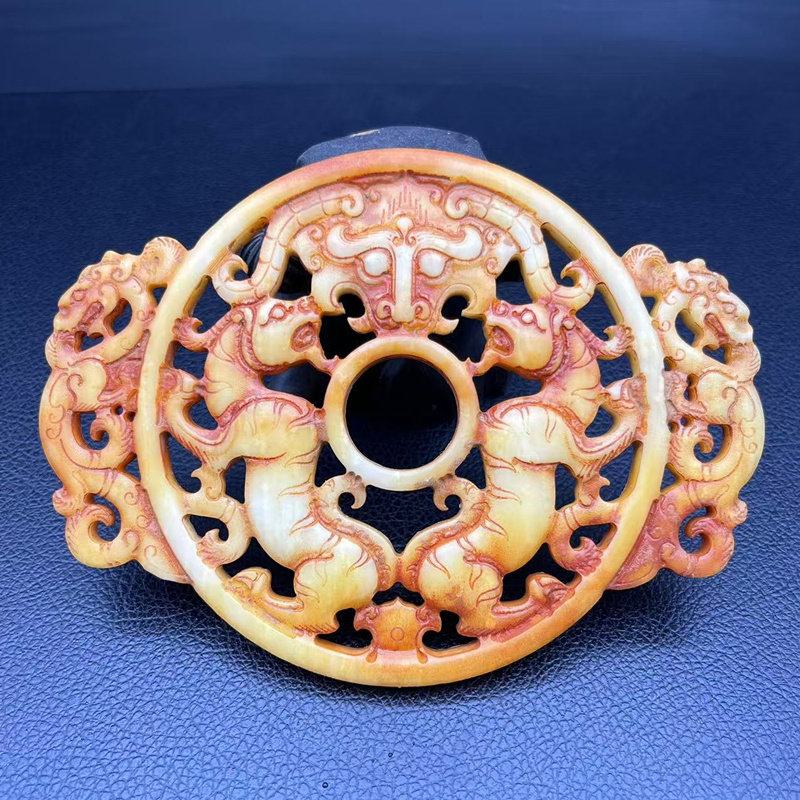 仿古做旧双龙玉佩玉璧复古双面雕刻龙虎兽面屏风摆件影视拍摄道具