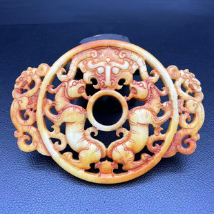 仿古做旧双龙玉佩玉璧复古双面雕刻龙虎兽面屏风摆件影视拍摄道具
