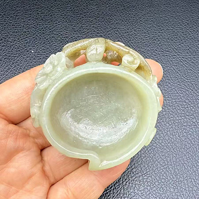 和田玉桃心笔洗文房用品笔搁笔添青白玉复古梅花玉石摆件古玩玉器