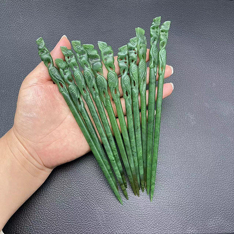和田玉碧玉凤凰发簪盘发玉钗发饰古装汉服旗袍压襟头饰绿色簪子玉
