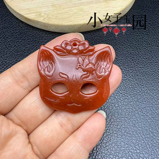 红绯色猫咪面具吊坠挂件萌物小猫面具玉佩玉坠项链坠挂饰包挂饰品