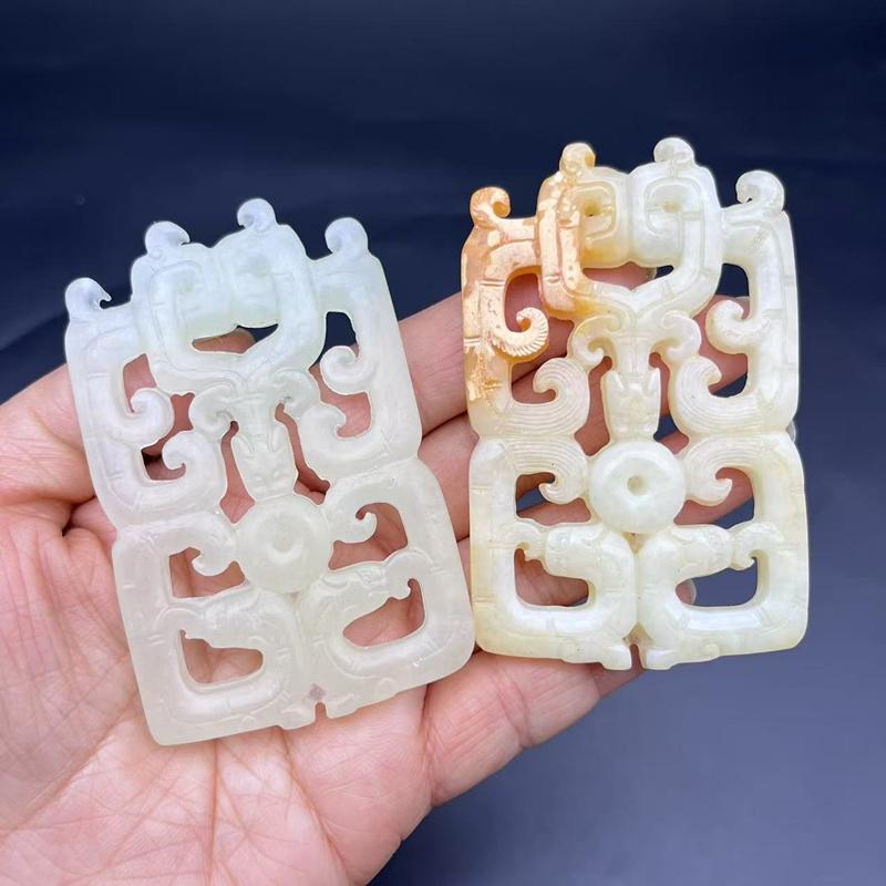 岫玉龙凤玉佩玉坠仿古双龙挂饰项链坠汉服腰佩配饰镂空双龙方形玉