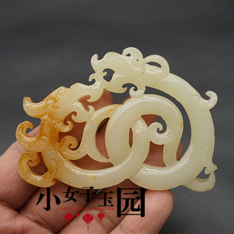 仿白玉双龙玉璧玉佩镂空双面雕刻做旧仿古龙腰佩古汉服腰带扣配饰