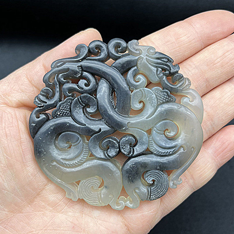 岫玉水墨风龙凤吊坠挂件镂空玉佩玉坠仿古龙凤呈祥汉服玉腰佩流苏