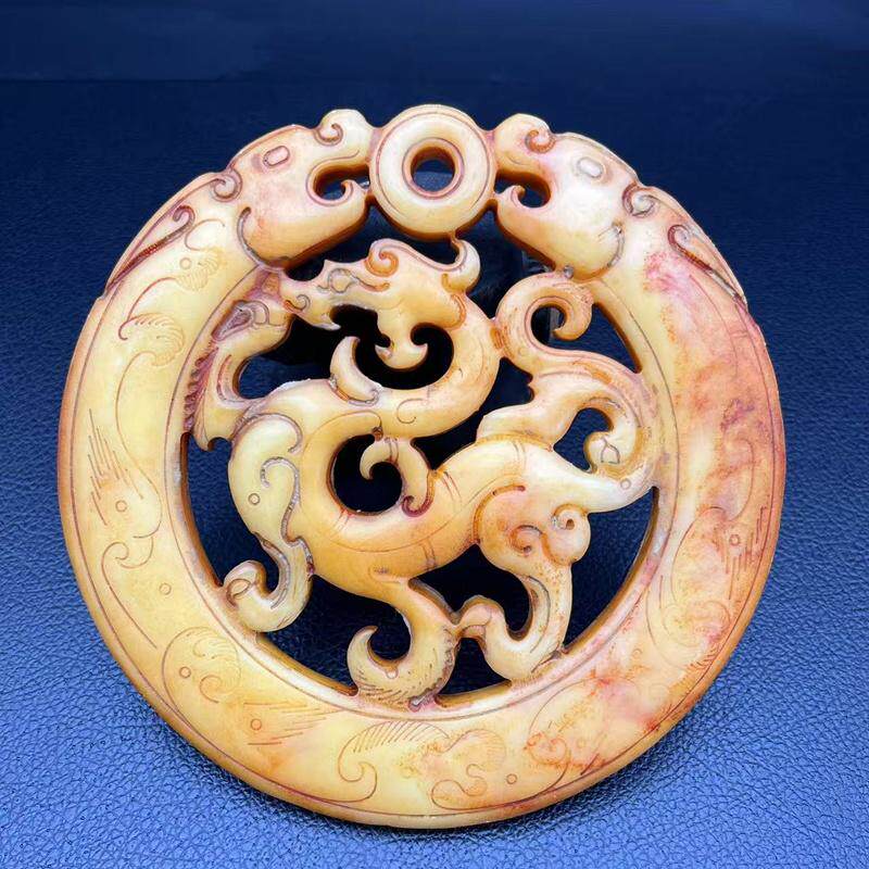 仿古做旧双龙玉佩玉璧复古双面镂空雕刻龙纹圆璧摆件古风影视道具