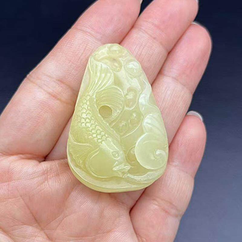 和田玉黄口料连年有鱼吊坠挂件黄玉如意莲花鱼玉佩玉坠颈饰项链坠