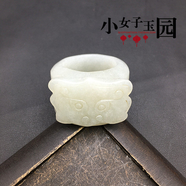 和田玉仿古兽头男士扳指明清古玩杂件玉石收藏苏工精雕男款戒指