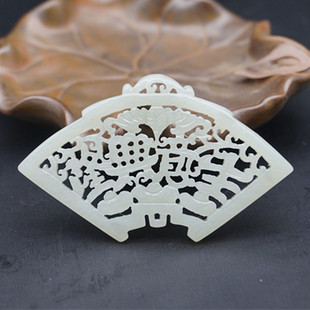 和田玉生意兴隆吊坠挂件青白玉拉丝镂空雕刻扇型玉佩玉坠流苏配饰