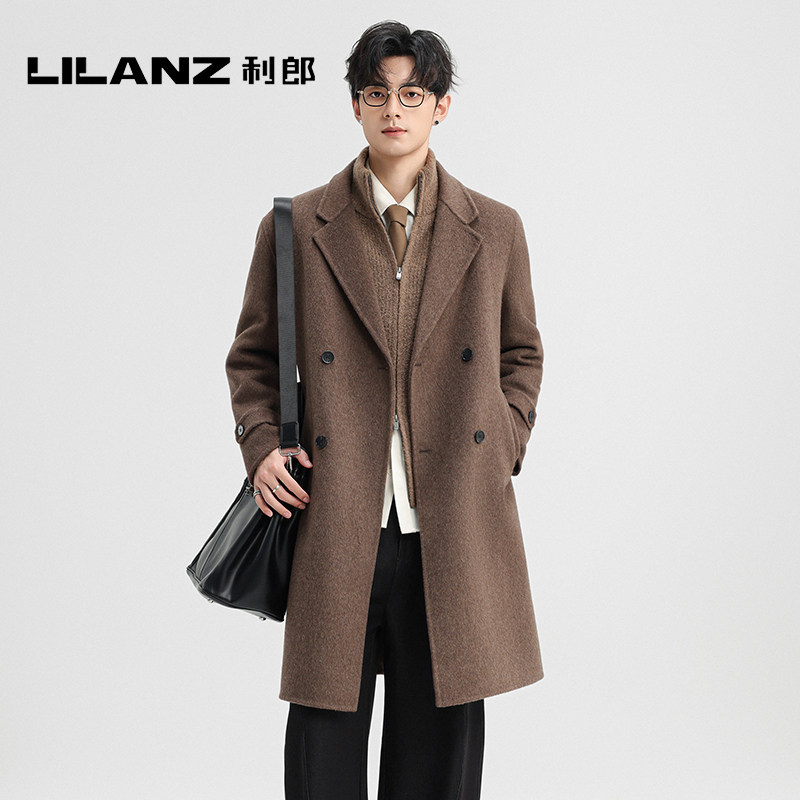 利郎男士中长款羊毛呢子大衣秋冬新款英伦风双排扣过膝双面呢外套