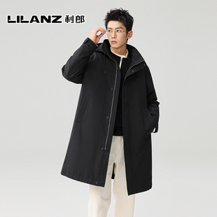 利郎鹅绒商务中长款风衣羽绒服男冬季通勤连帽黑色保暖防寒外套