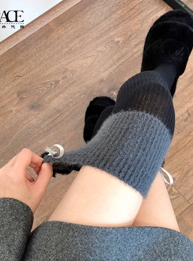 日本durgge秋冬奶白色长筒袜加厚过膝袜毛绒球球高筒袜灰色大腿袜