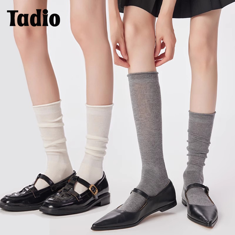 日本Tadio灰色小腿袜子女夏季薄款格雷系穿搭卷边配小皮鞋堆堆袜