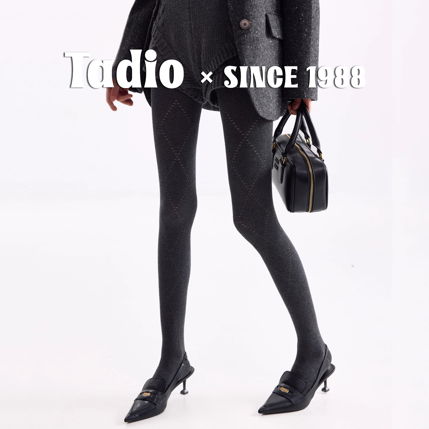 日本Tadio菱形格深灰色连裤袜秋冬外穿显瘦高弹不掉档打底裤女