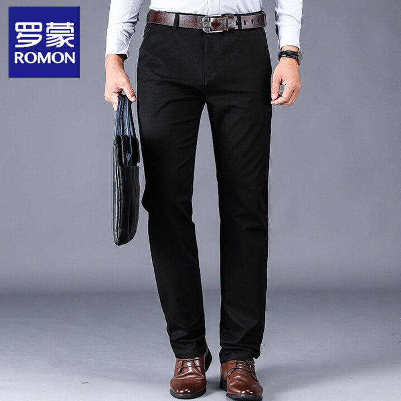 罗蒙商务宽松直筒百搭男士休闲裤2024秋季新款纯棉厚款大码长裤子
