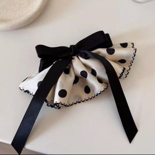 新款缎面波点蝴蝶结飘带后脑勺发饰盘发半扎发高颅顶发夹弹簧夹女