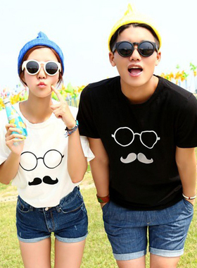 眼镜小胡子t恤男短袖 夏装沙滩白潮男纯棉圆领半袖衫情侣装上衣
