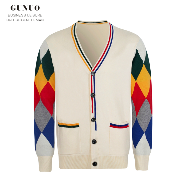 英式学院风复古文艺针织衫外套男秋冬时尚青年菱格拼色修身毛衣男