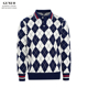 学院风修身 长袖 翻领针织衫 英式 男复古拼色菱格时尚 商务男士 polo衫
