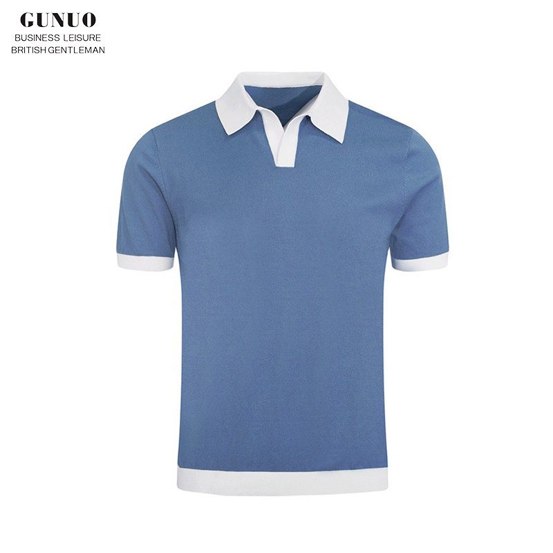 韩国高级男装拼色翻领t恤短袖男 夏季新款天蓝色修身针织polo衫男