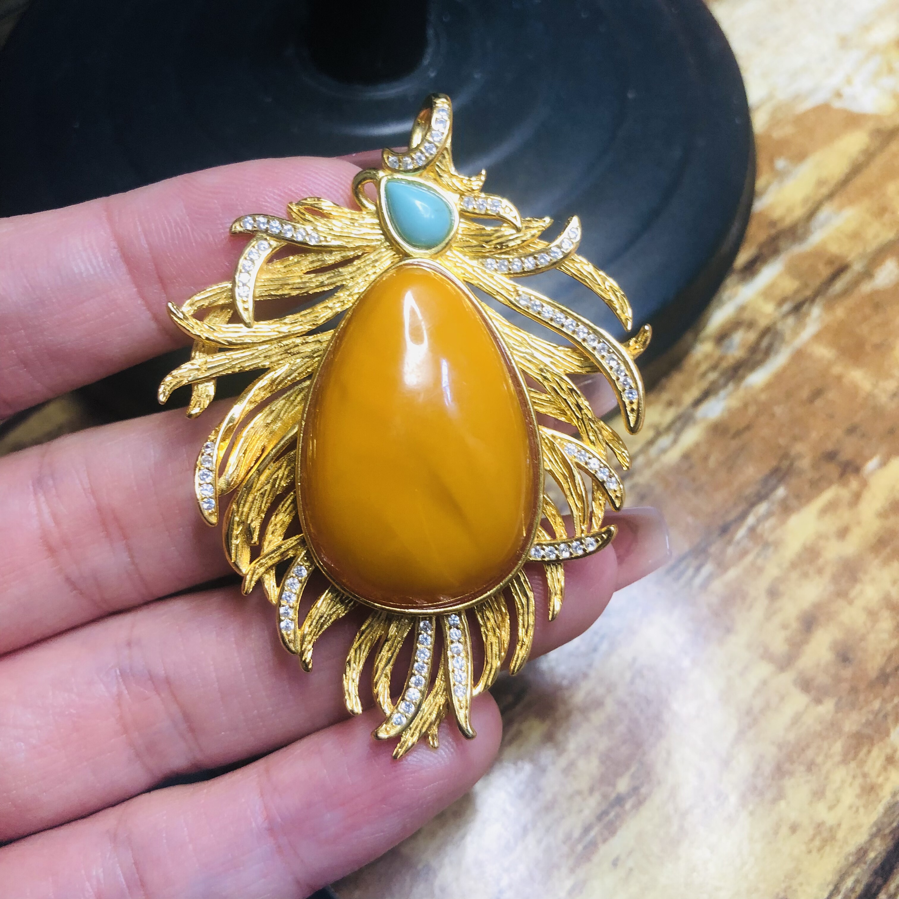 天然俄料老蜜蜜蜡20X30MM吊坠女款琥珀925银镶嵌原矿油满蜜宫廷