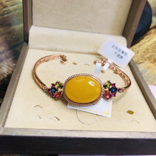 925纯银镶嵌天然鸡油黄蜜琥珀蜜蜡15X20MM碧玺手链女手环手串大气