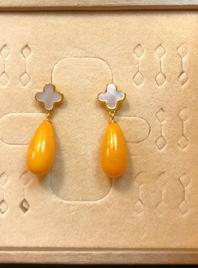 s925银老蜜9X19MM耳扣天然保真耳饰简单款防过敏鸡油黄琥珀蜜蜡