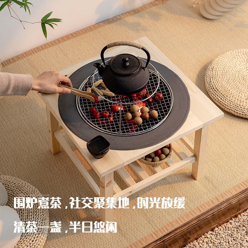 围炉煮茶烤火炉套装家用老式烧烤炉子柴火炉实木室内取暖炉炭火盆