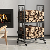 壁炉木柴架柴火收纳架双层可移动储木冬季 铁艺耐高温清灰工具柴框