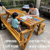 户外院子长椅防水防晒省空间餐桌多功能防水防晒碳化木连体折叠桌