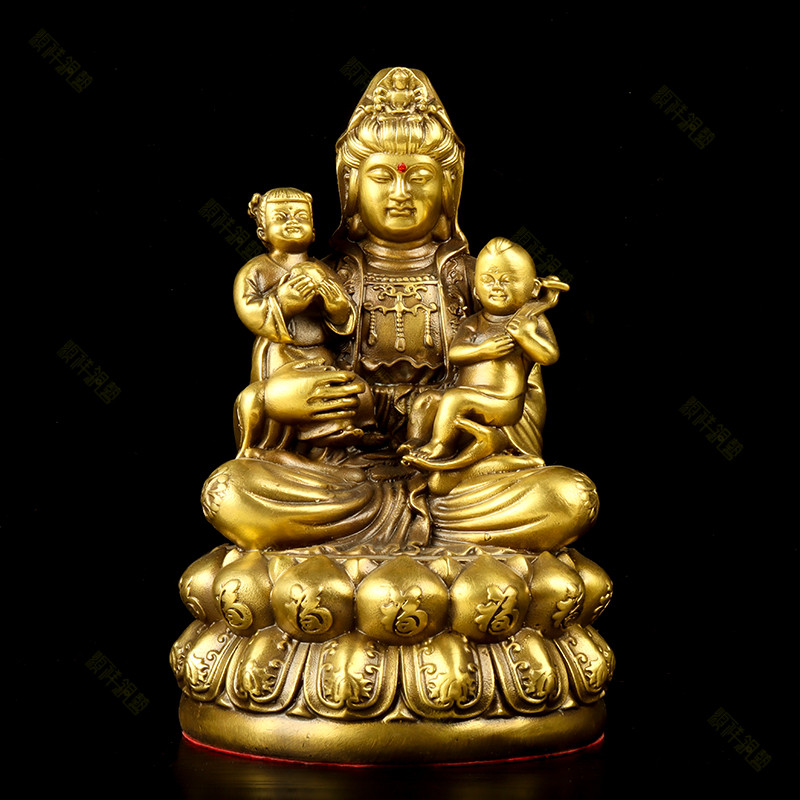 送子观音铜像观音菩萨佛像供奉家用纯铜南海坐莲观世音家居摆件