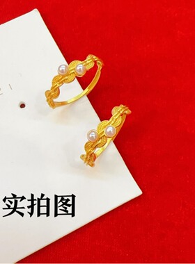 花丝双珍珠戒指小红书同款黄金色