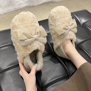 棉拖鞋女秋冬季防滑室内家用保暖可爱蝴蝶结毛毛绒棉拖厚底女秋冬