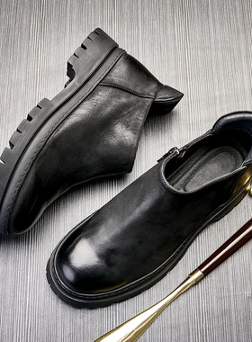 帕达索切尔西靴圆头英伦男士靴头层牛皮软底真皮短靴马丁靴231066